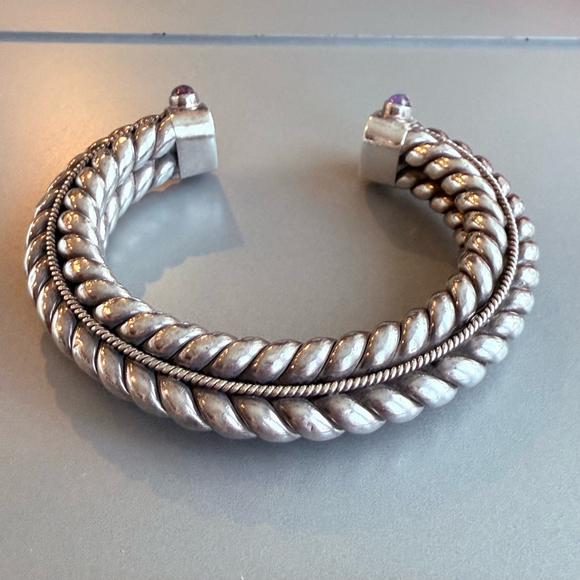 Suarti Bali BA Sterling Silver 925 Amethyst Cabochon HEAVY Cuff Bracelet - Picture 6 of 10